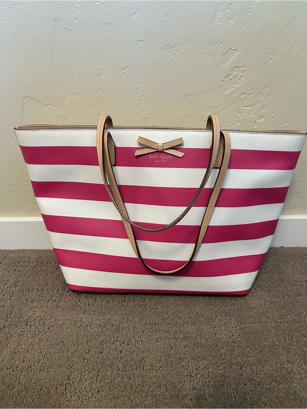 kate spade Striped Pink and White Bow Tote LARGE